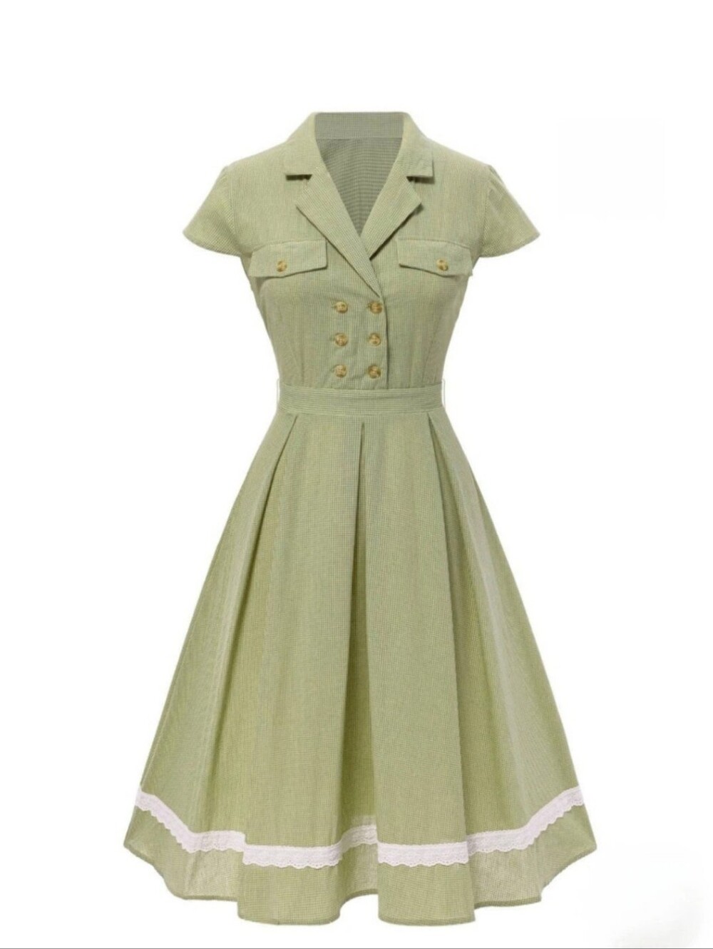 NWT Retro Stage Lace Gingham Cotton Midi Dress Green White Double Breasted 50s S